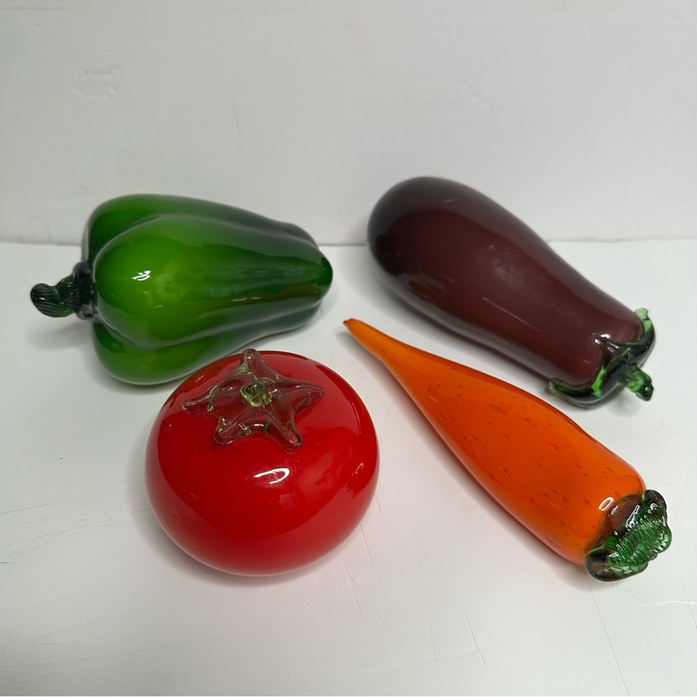 VTG Vegetable Blown & Mold Art Glass Carrot Eggplant Green Pepper Tomato Lot 4